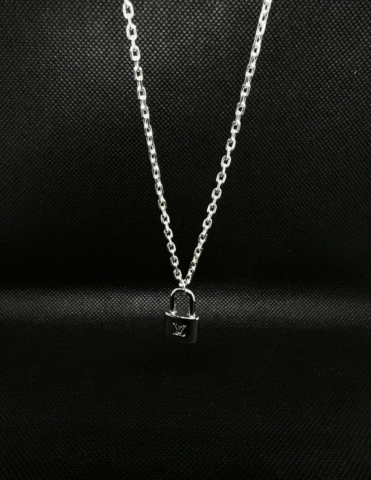 16" Silver LV Lock Pendant Diamond Cut Trace Necklace